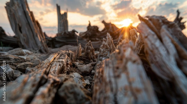 Fototapeta haunting low angle shot of towering tree stumps against sunset