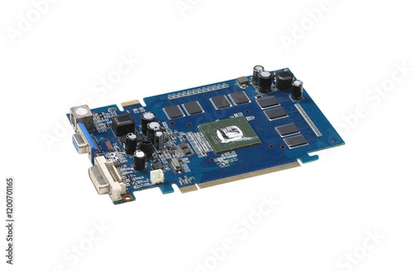 Obraz Detailed View of a Computer Graphics Card Featuring Circuitry, Capacitors, and Cooling Components.