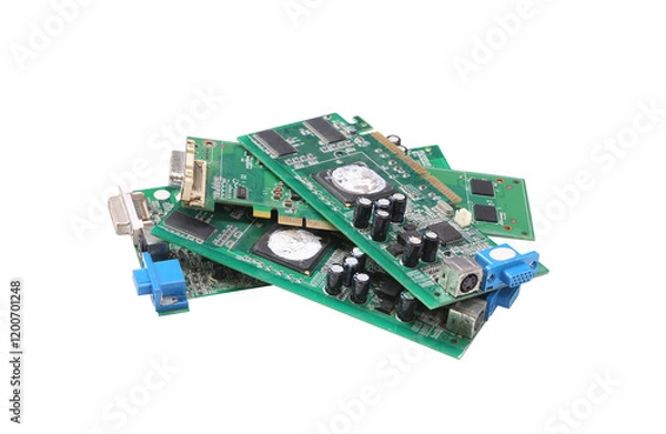 Obraz Electronic Circuit Boards Piled Together, Featuring Various Components and Connectors.