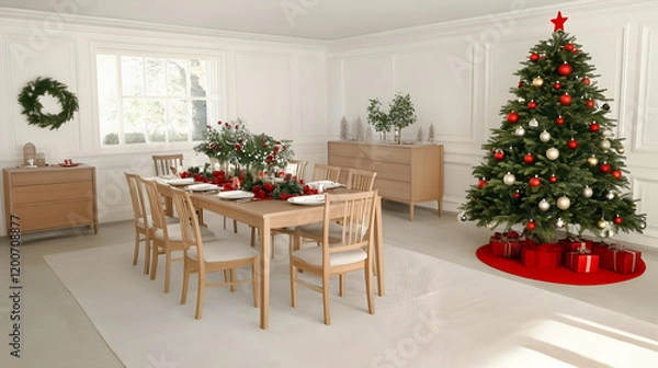 Fototapeta Christmas Dining Room Decorated with Festive Table Setting and Tree Presents a Warm Ambiance for Holiday Gatherings