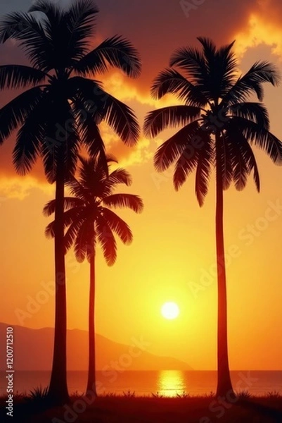 Fototapeta Palm trees stand tall amidst peaceful evening atmosphere with golden hues of sinking sun, beach scenery, calm waters