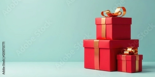 Fototapeta Red gift boxes stacked on top of each other with gold bows and ribbon wrapped around them, red gift boxes, presents