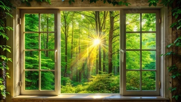Fototapeta Serene Silhouette of a Large Window Framing a Lush Green Forest with Bright Light Filtering Through Trees