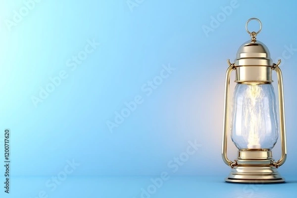 Fototapeta Golden lantern glowing, blue background, Ramadan