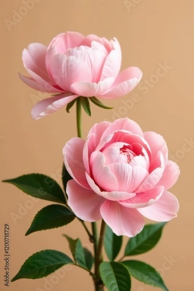 Obraz Soft pink peony flowers in full bloom against a warm beige background , nature, floral