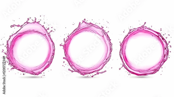 Fototapeta Pink Liquid Splashes Form Three Dynamic Circular Frames on White Background with Droplets