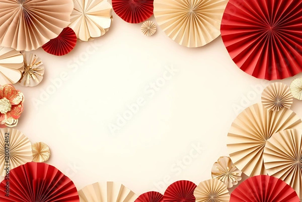 Fototapeta Red and Gold Paper Fan Decorations Frame a Blank Space for Text or Design