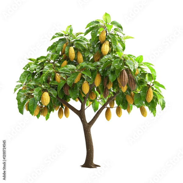 Obraz Cacao Tree with Ripe Pods and Lush Green Leaves in Bright Light