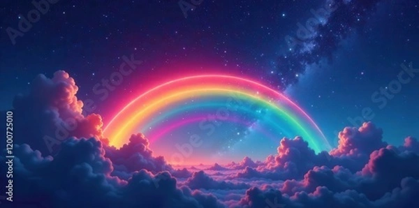 Fototapeta Vibrant rainbow colors glowing in the dark night sky with stars and clouds, cosmos, clouds
