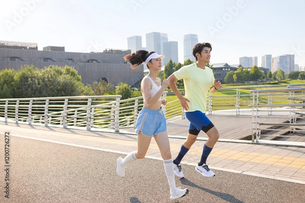 Obraz Happy young couple running in a park
