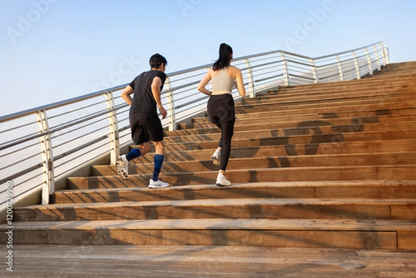 Obraz Young couple running on the steps
