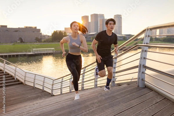 Obraz Young couple running on the steps