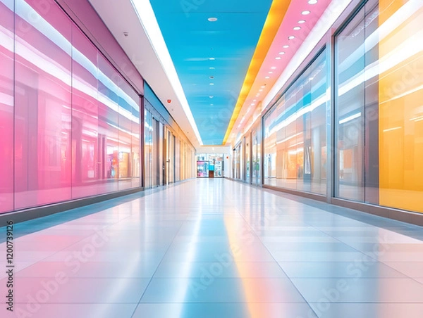 Fototapeta modern mall corridor with vibrant colors and sleek design, showcasing reflections and bright lighting