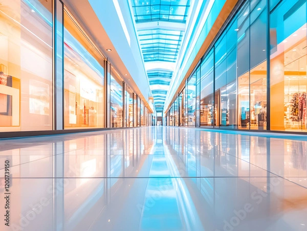 Fototapeta Modern mall corridor with bright reflections and sleek design, showcasing vibrant shopping atmosphere