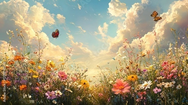Fototapeta A whimsical meadow filled with wildflowers and butterflies under a bright, sunny sky