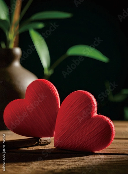 Obraz Rustic Valentine's Day Wooden Background with Red Hearts