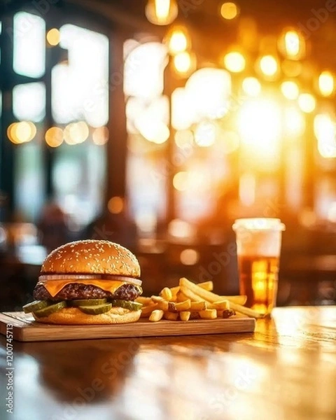 Fototapeta Savoring a delicious burger and fries cozy diner culinary photography warm atmosphere close-up view food delight