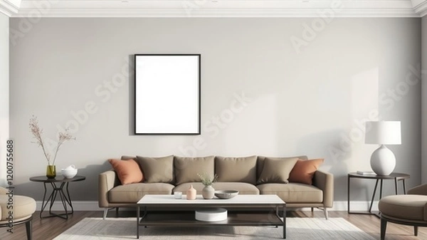 Fototapeta A stylish wall art mockup featuring a modern black frame hanging in a contemporary living room setting, decor, decoration, design
