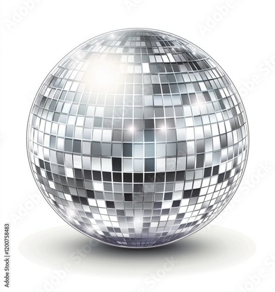 Fototapeta Glossy silver disco ball with reflective mirrored tiles, emitting light and sparkle, symbolizing parties, dance, and retro vibes, 4k video footage
