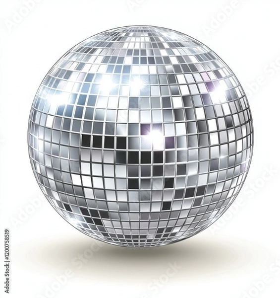Fototapeta Glossy silver disco ball with reflective mirrored tiles, emitting light and sparkle, symbolizing parties, dance, and retro vibes, 4k video footage
