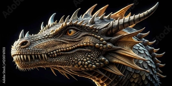 Fototapeta Stunning Aerial Photography of Mythical Dragon Head on Black Background â€“ Captivating Fantasy Art, Intricate Details, and Atmospheric Effects for Enchanting Visuals