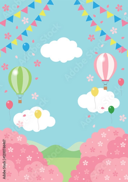 Fototapeta 春の行楽背景、縦、桜、イラスト、かわいい、風船、気球、空
