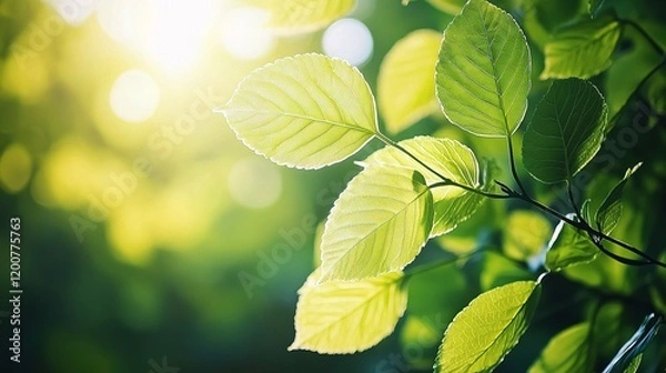 Fototapeta Sunlit Leaves: The image captures a close-up of vibrant green leaves, illuminated by bright sunlight. The scene evokes a sense of freshness and vitality, creating a soothing and natural atmosphere.