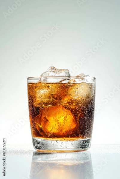 Obraz Glass of sparkling cola on ice, showcasing a refreshing cold beverage with bubbles and a clear, glowing background.