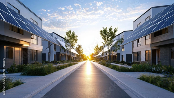 Fototapeta Sustainable community with solar panels and greenery at sunset