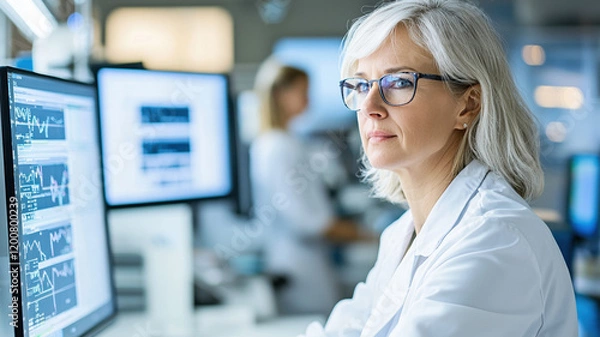 Fototapeta Focused financial analyst in modern office, analyzing data on screens