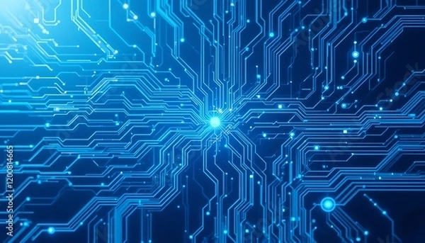Fototapeta Abstract Futuristic Technology Background: Glowing Blue Circuit Board Pattern, High-Tech Digital Network Concept