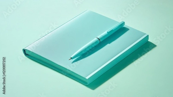 Fototapeta A softcover notebook with a pastel pen on a mint green background, offering a fresh and playful vibe.