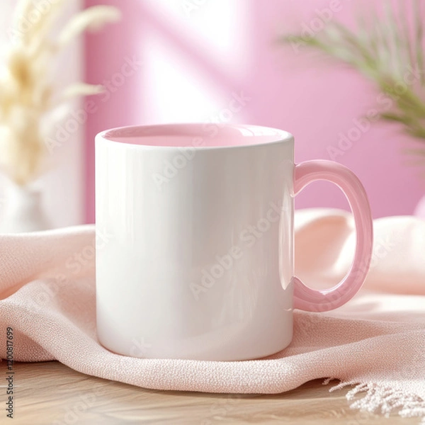 Obraz mockup of a 11oz white mug with light pink handle and light pink interior, pink in the background, cozy atmosphere,