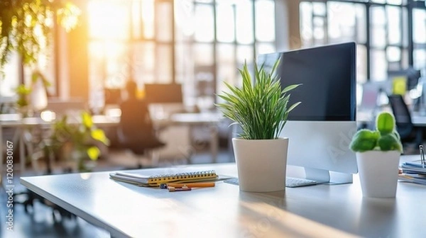 Fototapeta Modern Workspace: An inviting view of a contemporary office environment. Sunlight floods through large windows, illuminating sleek desks, potted plants, and blurred figures.