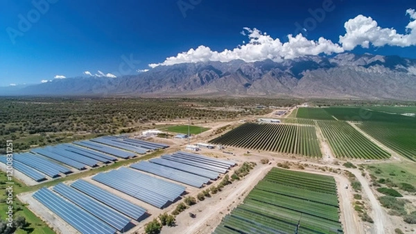 Fototapeta Aerial view of solar panels and agricultural fields near mountains