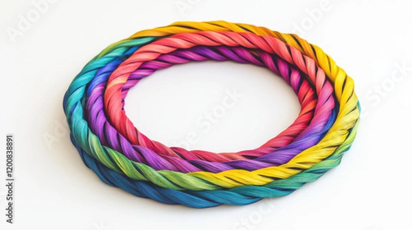 Fototapeta A perfectly symmetrical spiral of bright rainbow ribbons, arranged in a circular pattern with soft highlights and precise edges, minimalist white background