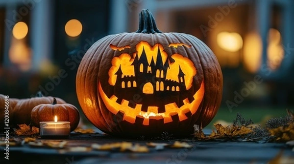 Obraz Carved Pumpkin with Candlelight in a Festive Autumn Setting