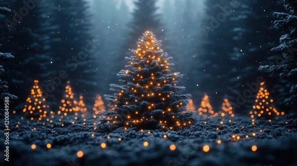Obraz Illuminated Forest Snow-Covered Trees with Twinkling Lights in Winter