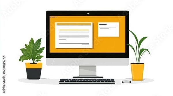Fototapeta Desktop computer displaying a form and notepad application with potted plants