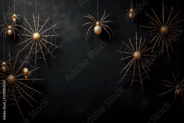 Fototapeta Intricate golden spiderwebs fake cobwebs and spider decorations hanging with dark black grunge background, Halloween themes, spooky horror decor, eerie mysterious atmosphere, haunted house atmosphere.