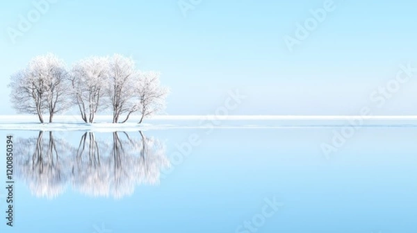 Fototapeta Snow Covered Trees Reflected in Calm Water