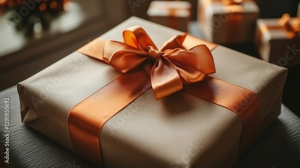 Obraz Elegant Gift Wrapped with Orange Ribbon in Cozy Setting for Special Occasions