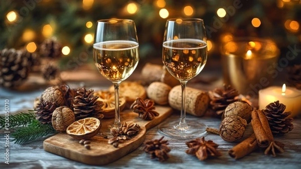 Obraz Elegant Wine Glasses Surrounded by Festive Holiday Decor and Cheerful Ambiance