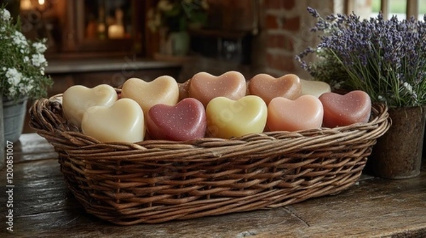 Obraz Heart-Shaped Soaps in a Rustic Basket on a Wooden Table with Floral Decor