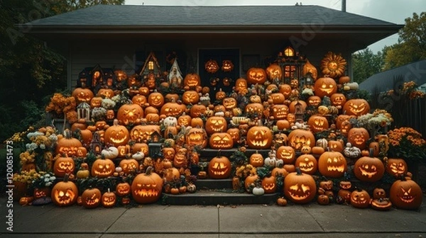 Obraz Festive Halloween Display of Carved Pumpkins on Porch Steps