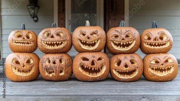 Obraz Charming Display of Festive Halloween Pumpkins on Porch Steps