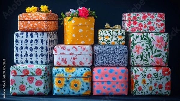 Obraz Colorful Floral Patterned Boxes with Decorative Flowers Against Dark Background