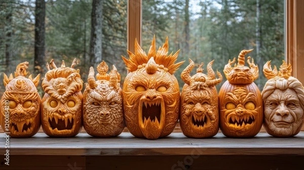 Obraz Intricately Carved Halloween Pumpkins Displayed on a Wooden Shelf Against a Forest Backdrop