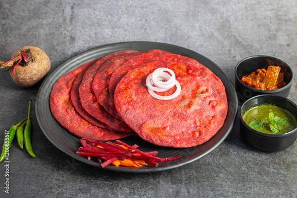Fototapeta Beetroot paratha is a vibrant, soft Indian flatbread made with whole wheat flour, grated beetroot, and spices. Nutritious and flavorful!