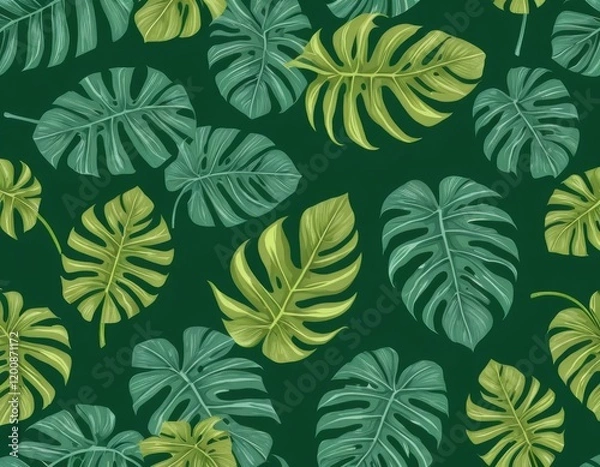 Fototapeta Tropical Monstera Leaves Seamless Pattern Dark Green Background Botanical Illustration